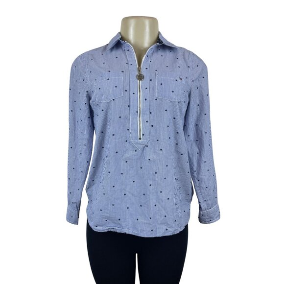 Tommy Hilfiger Blue & White Striped Star Print Womens Long Sleeve Shirt Sz PS - Picture 1 of 8
